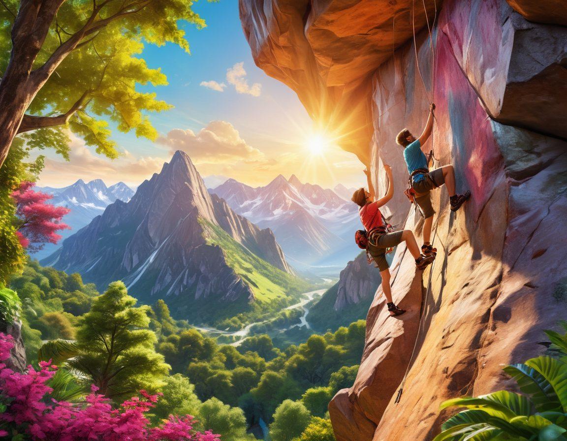 A vibrant and adventurous scene featuring a diverse group of people engaging in various joyful challenges such as rock climbing, dancing, and zip-lining in a colorful outdoor setting. Include elements of nature like mountains and lush greenery in the background, radiating a sense of excitement and camaraderie. The image should reflect a warm, sunny atmosphere with bright colors to evoke happiness and daring spirit. super-realistic. vibrant colors. outdoor setting.