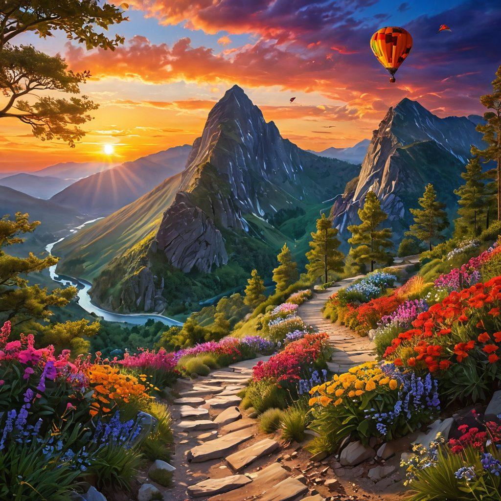 A vibrant sunrise illuminating a winding mountain path, symbolizing a journey filled with joyful risks. Along the path, colorful flowers bloom while a diverse group of people walk together, their faces radiating cheerfulness and determination. Include elements of adventure like a kite flying above and a gentle breeze moving through the trees. super-realistic. vibrant colors. picturesque landscape.