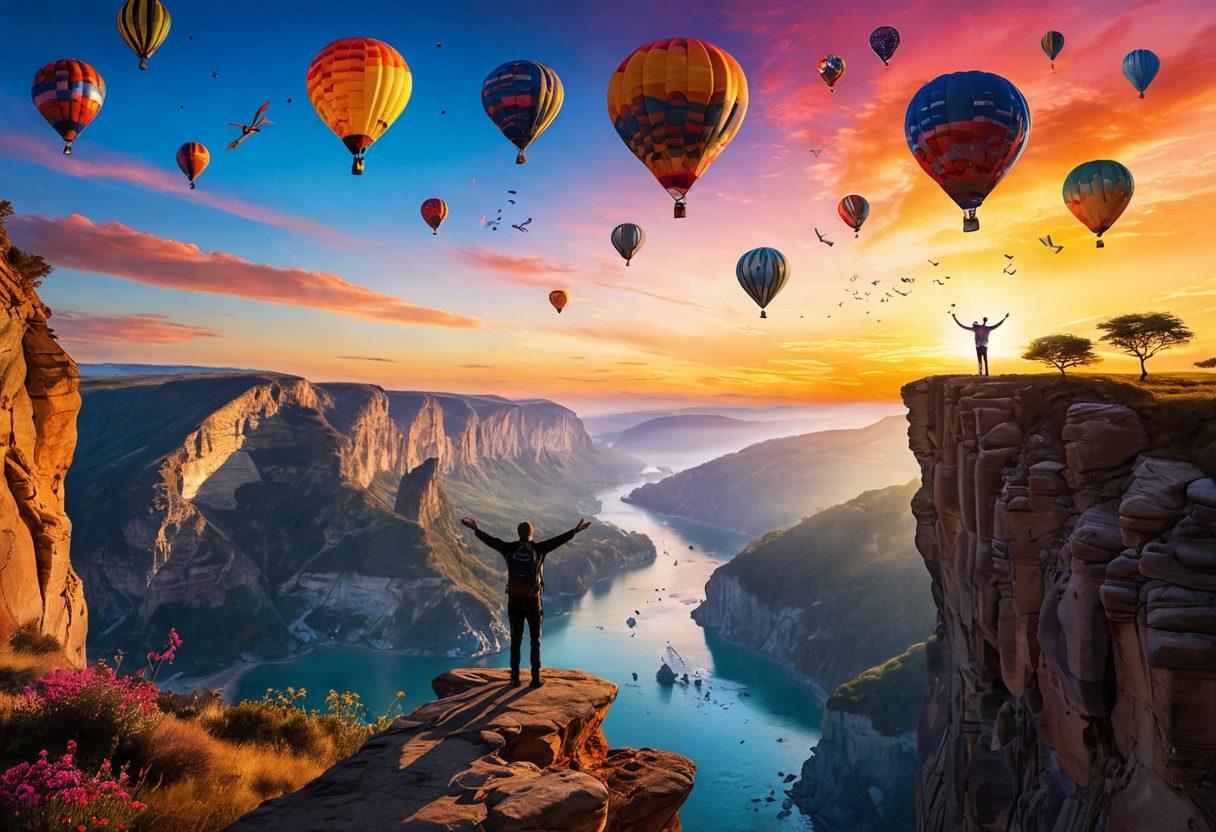 A surreal landscape depicting a person standing on the edge of a cliff, arms outstretched towards a vibrant sunrise, symbolizing freedom and adventure. Surrounding the figure are elements like a compass, hot air balloons, and abstract representations of happiness like colorful butterflies and glowing orbs. The scene evokes a sense of exploration and joy, inviting viewers to embrace their adventurous spirit. super-realistic. vibrant colors. dreamy atmosphere.